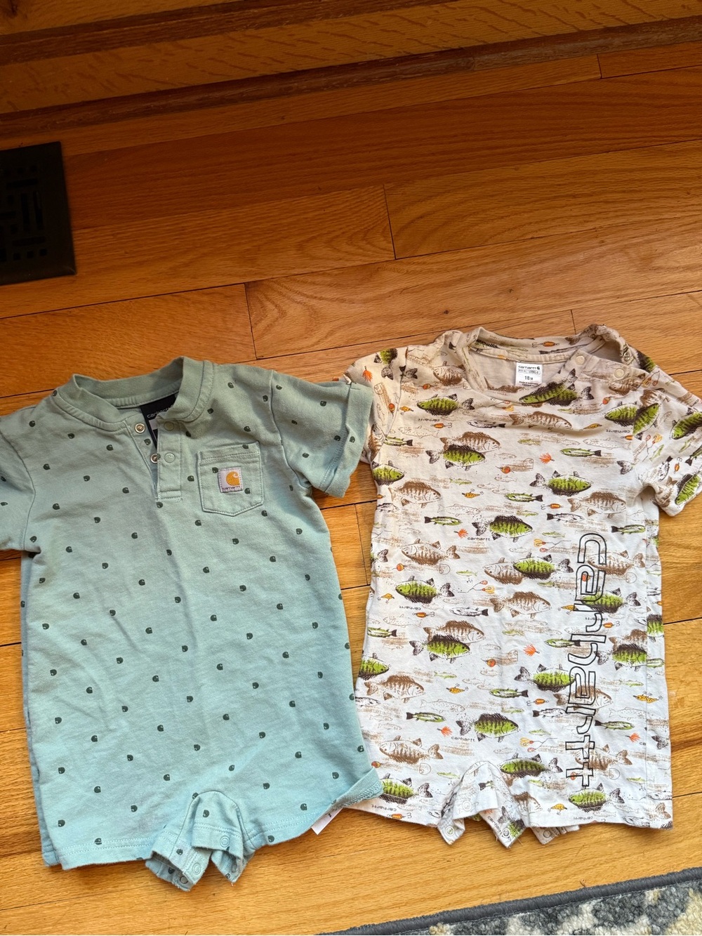 Carhartt Green Dot Romper & Carhartt Cream Fish Print Romper